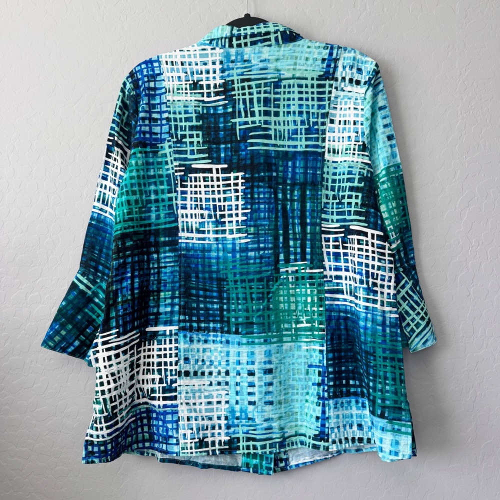 Ali Miles Large Jacket Blue 3/4 Sleeve Abstract Grid Button Front Textured Artsy - Picture 5 of 6